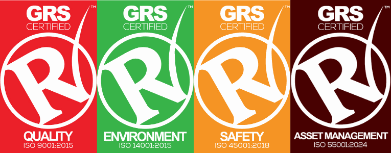 GRS certified: ISO 9001 quality, ISO 14001 environment, ISO 45001 safety, ISO 55001 asset management